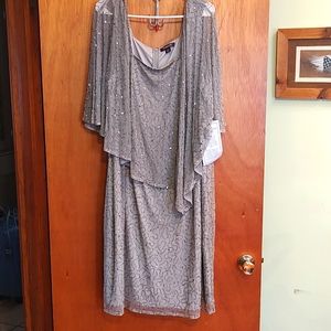 NWT Roamans Embellished Capelet Dress 26W Silver Beaded Formal Ball Gown Sparkle